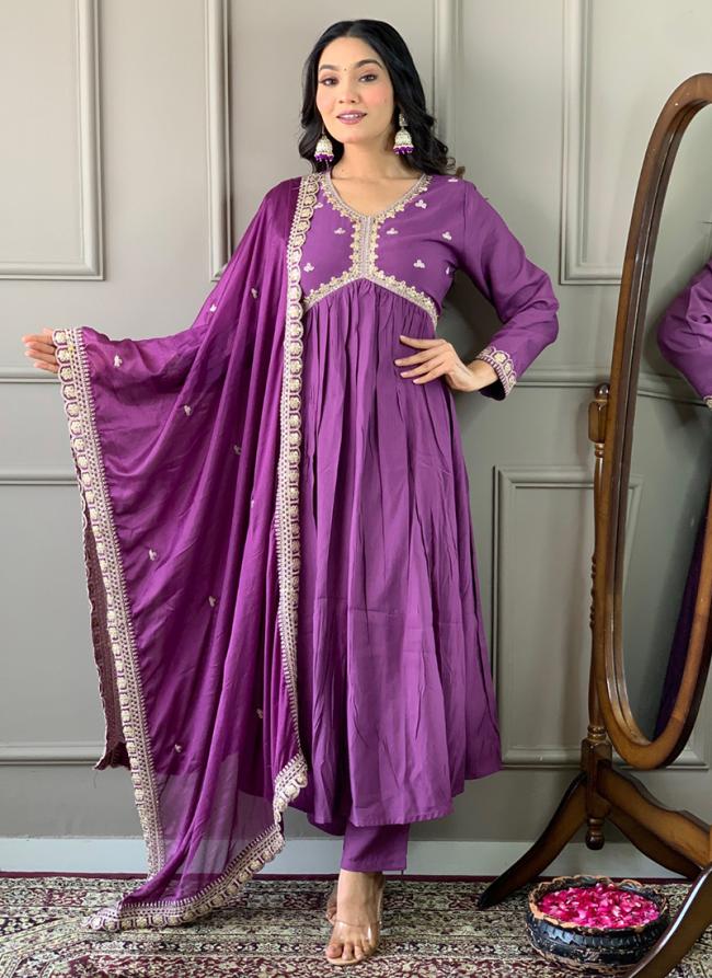 Bsy Viscose Purple Traditional Wear Embroidery Work Readymade Straight Suit